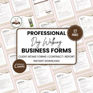 Formularios para pasear perros, Acuerdo de servicio, Plantilla de contrato, Paquete de negocios de paseo de perros editable e imprimible en Canva, Formulario de admisión de clientes, Factura