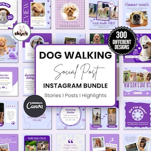 300 plantillas de Instagram para paseadores de perros, plantillas de Canva para redes sociales de paseadores de perros, publicaciones e historias de Instagram, kit de marketing para negocios de mascotas