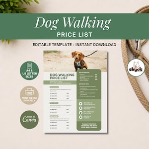 Modèle de liste de prix pour promeneurs de chiens, modifiable sur Canva ; guide des prix pour entreprises animalières ; modèle de flyer pour promenade de chiens, formats A4 et Lettre US imprimables.
