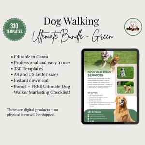 A digital marketing bundle for dog walking businesses, with 330 templates. Includes professional business forms, client welcome guide template, business cards, flyers, social media posts, price list, logos, and more. The bundle is in A4 and US letter sizes.