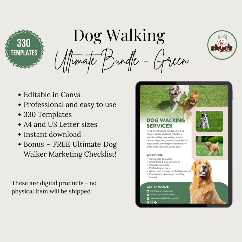 A digital marketing bundle for dog walking businesses, with 330 templates. Includes professional business forms, client welcome guide template, business cards, flyers, social media posts, price list, logos, and more. The bundle is in A4 and US letter sizes.
