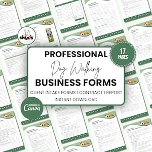 Bundel met formulieren voor hondenuitlaatservice, bewerkbaar in Canva, start een hondenuitlaatservice, printbaar contract, intakeformulieren voor klanten, overeenkomst voor hondenuitlater