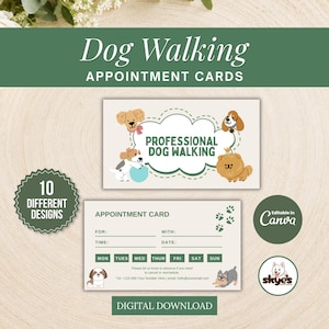 Puede incluir: Tarjetas de cita rectangulares para paseo de perros con ilustraciones de varias razas, un cuadro de texto en forma de nube con las palabras PROFESSIONAL DOG WALKING y una plantilla con campos para fecha, hora y contacto en color verde.