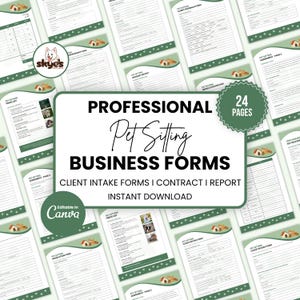 Peut inclure: Un ensemble de 24 formulaires professionnels pour entreprise de garde d'animaux comprenant des fiches clients, des contrats et des rapports. Les documents présentent un design vert et blanc avec des empreintes de pattes et le logo Skye's Printables.