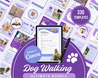 Ultimate Dog Walking Marketing Bundle, 330 Editable Canva Templates, Pet Business Kit, Forms, Social Media, Branding Pack, Instant Download
