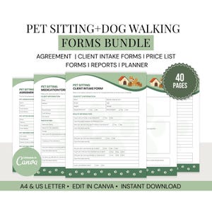Dog Walking Forms & Pet Sitting Forms Bundle, Canva Editable, Printable Contract, Client Intake Forms, Dog Walker Agreement, A4 US Letter