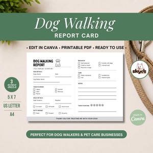Puede incluir: Una tarjeta de informe de paseo de perros imprimible con un diseño verde y blanco. La tarjeta incluye secciones para los detalles del perro, el comportamiento, el cuidado y las notas. El texto en la tarjeta dice "Dog Walking Report Card".
