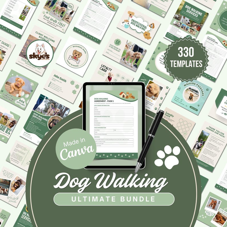 A bundle of dog walking service templates, including forms, contract, flyers, social media templates, business cards, dog walking report card, price list and marketing materials. The central image features the text "THE ULTIMATE Dog Walking BUNDLE INSTANT DOWNLOAD" and "330 TEMPLATES". The design incorporates images of dogs and dog walkers.