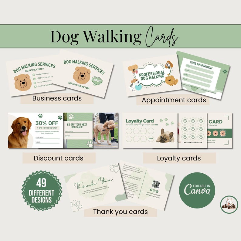 A selection of dog walking cards, including business cards, appointment cards, discount cards, loyalty cards and thank you cards. Designs feature dog illustrations and the text "Dog Walking Cards". The cards are editable in Canva.