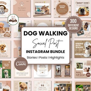 300 plantillas de Instagram para paseadores de perros (marrón), paquete de publicaciones e historias de Canva para redes sociales de paseadores de perros, kit de marketing en redes sociales para negocios de mascotas