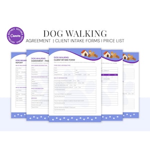 Pacote de Formulários para Passeio de Cães, Contrato para Passeador de Cães e Formulários de Cadastro de Clientes, Modelos Editáveis do Canva para Negócios Pet, Contrato Imprimível