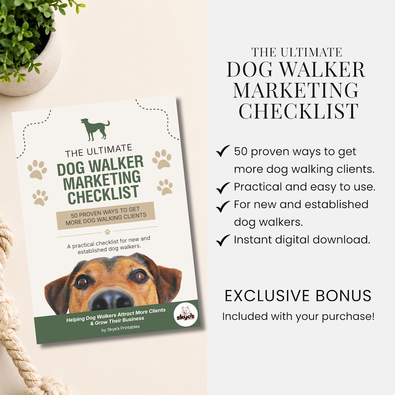 A digital marketing checklist for dog walkers titled The Ultimate Dog Walker Marketing Checklist, featuring a dog illustration, paw prints, and text detailing 50 proven ways to get more clients, it is an exclusive bonus included with the listing.