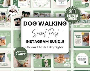 300 Dog Walking Instagram Templates Post & Story, Dog Walker Social Media, Pet Care Posts, Pet Business Instagram Bundle (Canva Editable)