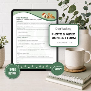 Könnte beinhalten: Ein digitales Tablet zeigt ein Foto- und Video-Einwilligungsformular für das Gassi gehen mit grünem Kopfbereich, Hundeillustrationen und Textfeldern für Vereinbarungen, Unterschriften und Datum, verziert mit einer Pfotenabdruck-Bordüre.
