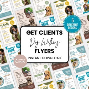 Paquete de plantillas para folletos de paseo de perros, folletos para paseadores de perros editables en Canva, folletos publicitarios para el cuidado de mascotas, carteles de marketing para negocios de mascotas.