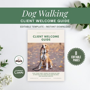 Könnte beinhalten: Eine 8-seitige Vorlage für einen Hunde-Gassi-Service-Willkommensleitfaden mit einem Beagle, der eine Leine im Maul hält. Das Dokument enthält Textfelder für Firmennamen, Kontaktdaten und Leistungsbeschreibungen in einem beigen und grünen Design.