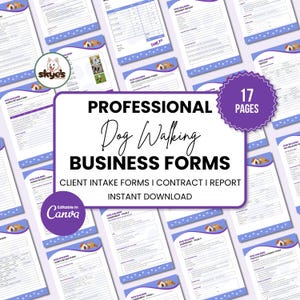 May include: A collection of dog walking business forms, including client intake forms, contracts, and reports. The forms are white with purple accents and a dog house graphic. The text reads "Professional Dog Walking Business Forms" and "Instant Download."