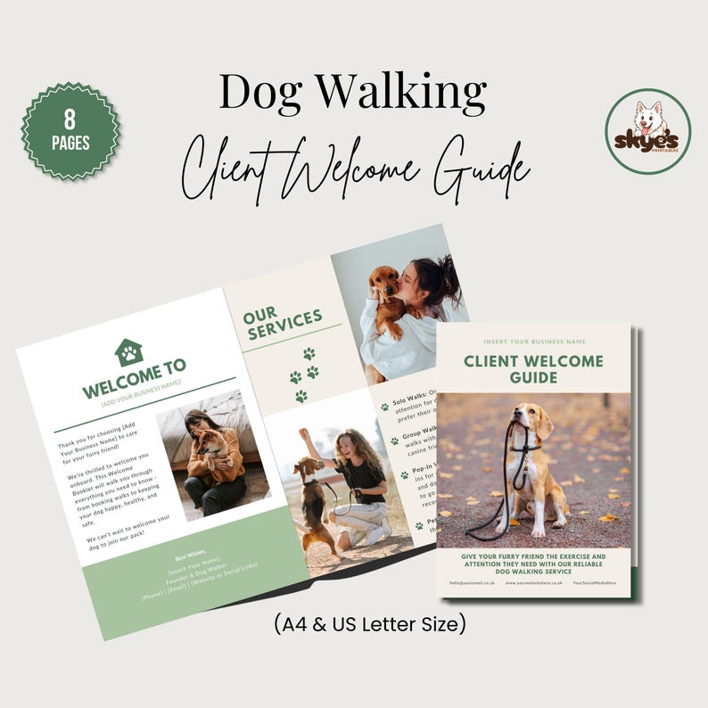 A green and white client welcome guide for a dog walking service. The guide has the text "Dog Walking Client Welcome Guide" and includes images of dogs and people walking dogs. The booklet is 8 pages.