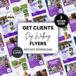 Pack de flyers professionnels pour promeneurs de chiens, modèles Canva modifiables, kit marketing pour soins animaliers, publicité pour promeneurs de chiens, flyers pour entreprises animalières