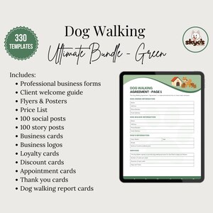 A digital marketing bundle for dog walking businesses, with 330 templates. Includes professional business forms, client welcome guide template, business cards, flyers, social media posts, logos, and more. The bundle is in A4 and US letter sizes.
