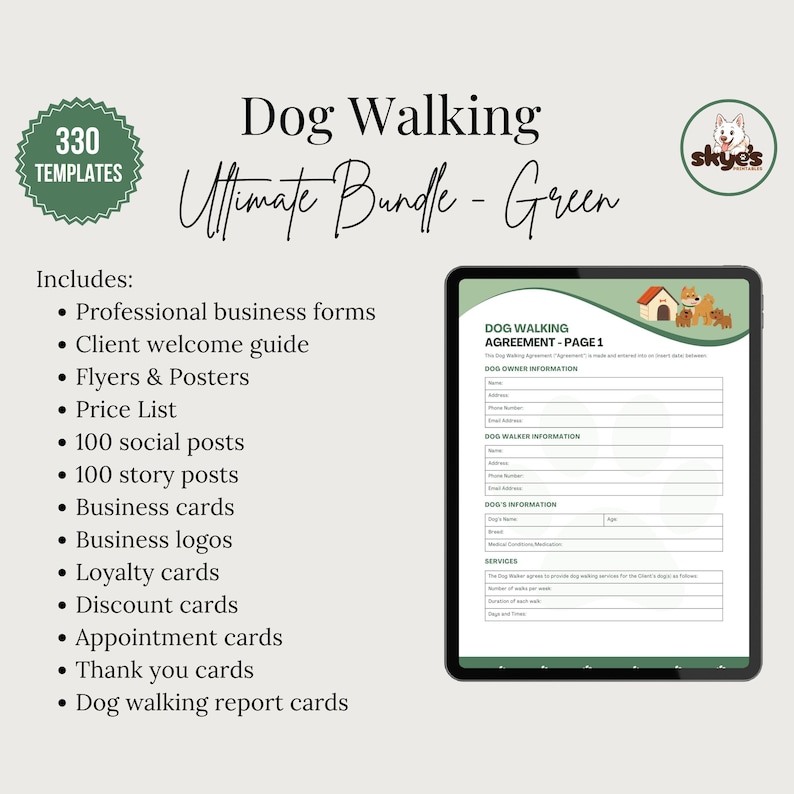 A digital marketing bundle for dog walking businesses, with 330 templates. Includes professional business forms, client welcome guide template, business cards, flyers, social media posts, logos, and more. The bundle is in A4 and US letter sizes.