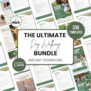 以下が含まれることがあります： 犬の散歩サービス用のテンプレート集で、フォームやウェルカムブックレットが含まれています。中央の画像には「THE ULTIMATE Dog Walking BUNDLE」と「INSTANT DOWNLOAD」の文字が表示されています。デザインには、犬に関連する画像とともに、緑と白の要素が組み込まれています。