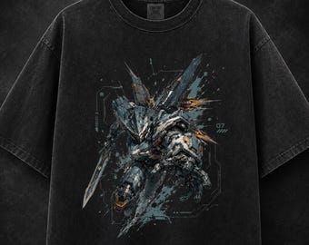 Mecha Anime Gym Shirt, Cyber Robot Manga Tee, Vintage Washed Streetwear