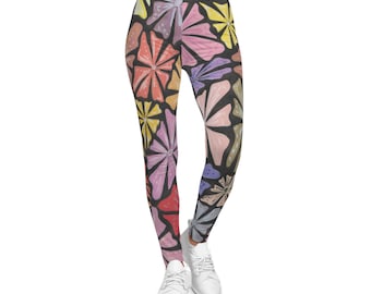 Yoga Pants, Colorful Floral Mosaic Yoga Leggings, Hand-Painted Garden Print, Silky Finish