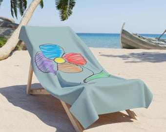 Toalla de playa con diseño floral colorido estilo garabato / Diseño floral arcoíris dibujado a mano