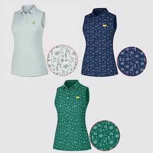 May include: Three sleeveless golf dresses in light green, navy blue, and dark green, each with a collared neckline and a small logo. The dresses feature a repeating pattern of golf-related icons. Each dress has a matching circular inset showing the pattern.