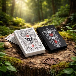 Op de afbeelding: Twee kaartspellen, één wit en één zwart, met ingewikkelde ontwerpen met harten, schoppen en ruiten. Het witte deck heeft een gedetailleerd patroon, terwijl het zwarte deck een gestileerd ontwerp toont. De kaarten worden gepresenteerd op een mosachtige boomstronk.