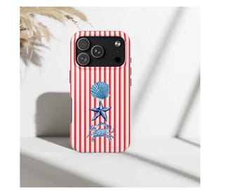 Funda para teléfono con diseño de trío de conchas marinas azules, temática náutica playera de rayas rojas y blancas, funda para teléfono con ambiente playero.