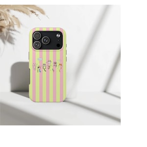 Funda para teléfono con lindos gatos en una cuerda, funda para iPhone con estética de gato kawaii, funda a rayas rosas y verdes en tonos pastel, funda para teléfono con divertidos gatitos de dibujos animados
