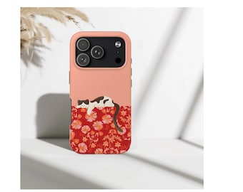 Etui na telefon z motywem śpiącego kota na kwiatowym wzorze, urocze, estetyczne etui na iPhone'a, pokrowiec Cottagecore z motywem kwiatowym kota, przytulne etui z motywem naturalnego kota