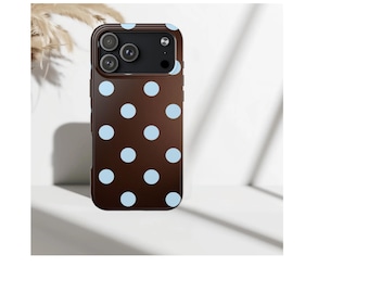 Funda para teléfono marrón con lunares azules, funda resistente para teléfono, funda estética marrón para iPhone, estampado retro minimalista de lunares, funda sencilla y moderna.