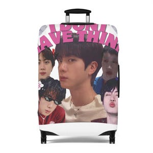 May include: A rolling suitcase featuring a collage of five different photographs of the same person. The text "I DON'T HAVE THIN" is printed in large pink letters across the top. The suitcase has a black retractable handle and black wheels.