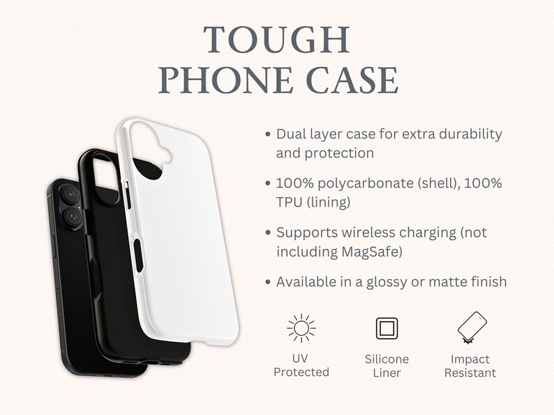 Puede incluir: Se muestran tres fundas para tel&eacute;fono, blancas y negras, con un dise&ntilde;o de doble capa para protecci&oacute;n. Las fundas est&aacute;n hechas de policarbonato y TPU. La imagen tambi&eacute;n muestra protecci&oacute;n UV, un forro de silicona y resistencia al impacto.