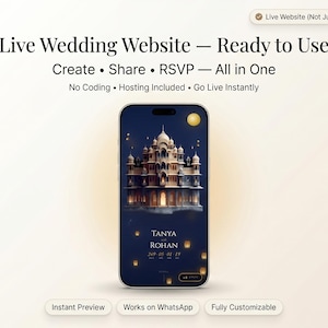 Puede incluir: Un teléfono inteligente muestra un sitio web de bodas con una ilustración de un palacio. El texto dice "Live Wedding Website - Ready to Use" con opciones para crear, compartir y RSVP. El texto adicional incluye "Instant Preview" y "Works on WhatsApp."
