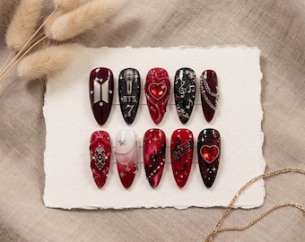 Presse-ongles Kpop, lot de gels de concert, design rouge noir blanc, cadeau fandom réutilisable