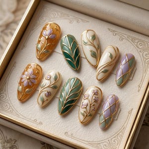 Floral Pattern Press On Nails, Leaf Botanical Mixed Print Handmade Nail Set Design