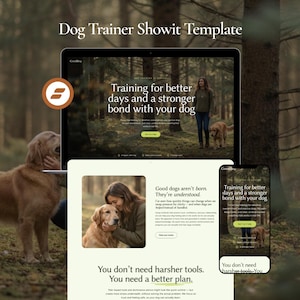 Op de afbeelding: Een digitale mockup van een website en mobiele app, met een sjabloon voor hondentraining. Het ontwerp toont een golden retriever, een vrouw en de tekst "Training voor betere dagen en een sterkere band met je hond."