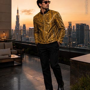 Luxury Gold Python Print Leather Jacket | Men’s Handmade Genuine Leather Bomber Jacket | Premium Fashion Gift