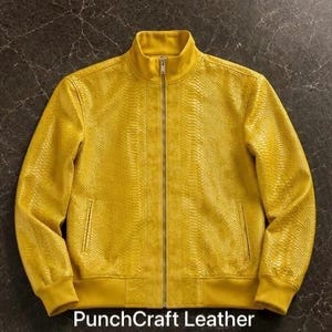 Men's Yellow Python Embossed Leather Bomber Jacket | Streetwear Zip-Up Coat