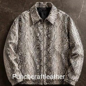 Men's Snakeskin Print Bomber Jacket, Oversized Zip-Up Street Style Coat