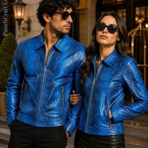Electric Blue Snakeskin Leather Jacket | Men’s & Women’s Zip-Up Biker Jacket | Python Print Faux/Real Leather Motorcycle Coat | Handmade Gif