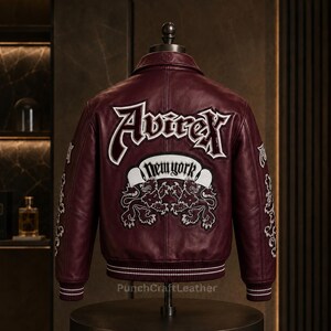 Vintage Avirex Leather Bomber Jacket – New York Dragons Varsity Coat, Burgundy Crest Patch