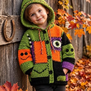 Puede incluir: Una chaqueta de ganchillo hecha a mano con capucha y diseño de parches en colores verde, naranja, morado y negro. La prenda incluye una aplicación de un ojo grande, caras sonrientes bordadas en negro en las mangas, botones y una borla.