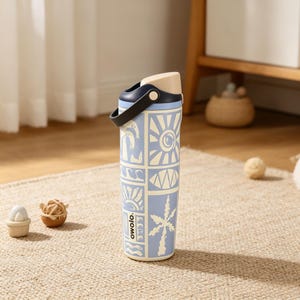 May include: A light blue insulated water bottle with a black handle and a beige lid. The bottle features a repeating pattern of suns, waves, and palm trees. The word "owolo." is printed on the side.