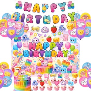 Colorful Squishy-Themed Birthday Party Decoration Kit with Banner, Backdrop, Balloons and Cake Toppers