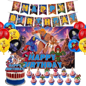 May include: A Masters of the Universe themed party decoration set featuring a Happy Birthday banner, a large backdrop with He-Man and Skeletor, a cake topper, and twelve cupcake toppers, all decorated with colorful character illustrations.